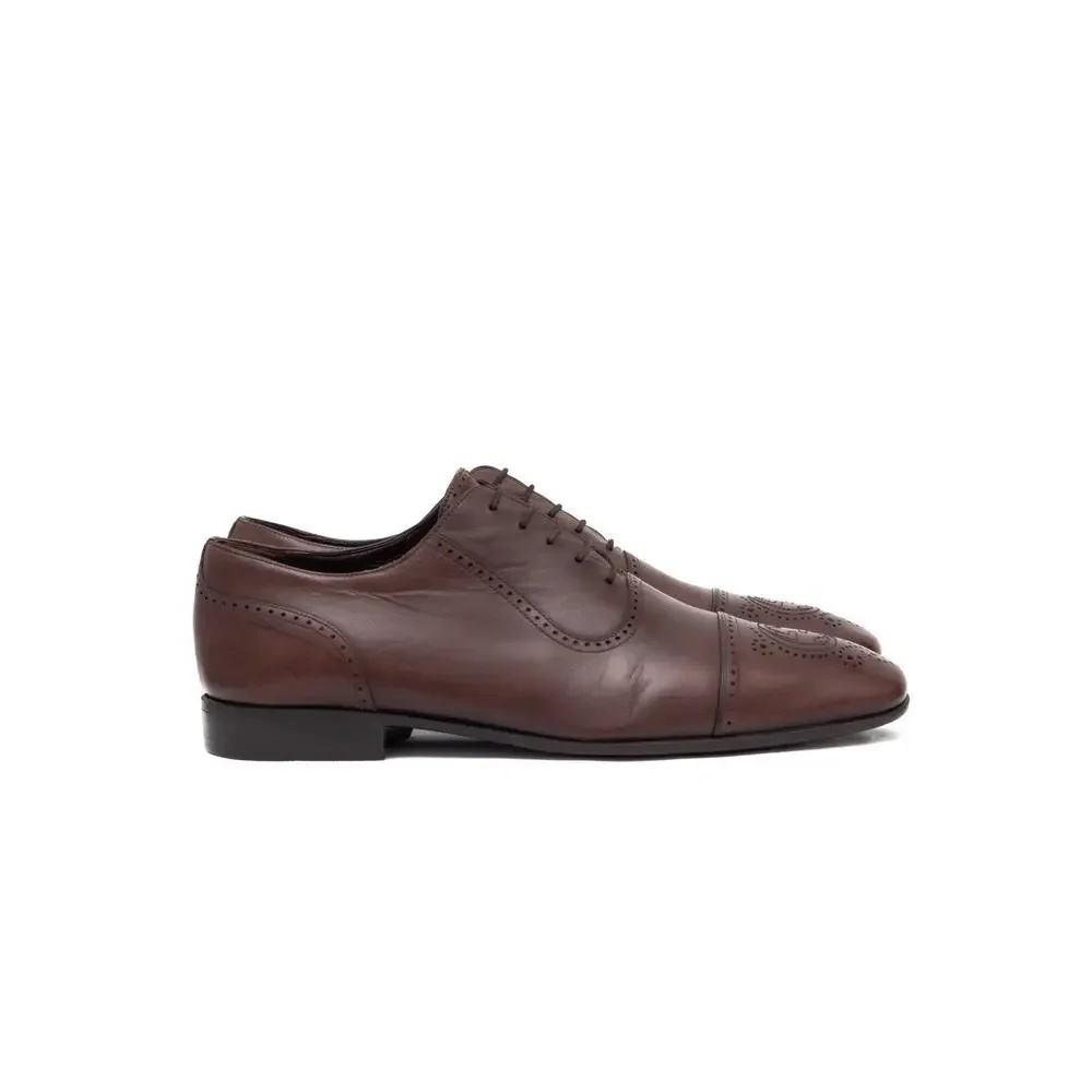 GUCCI Cap Toe Brogued GG Interlocking Oxfords Brown Leather 40.5/US:7.5